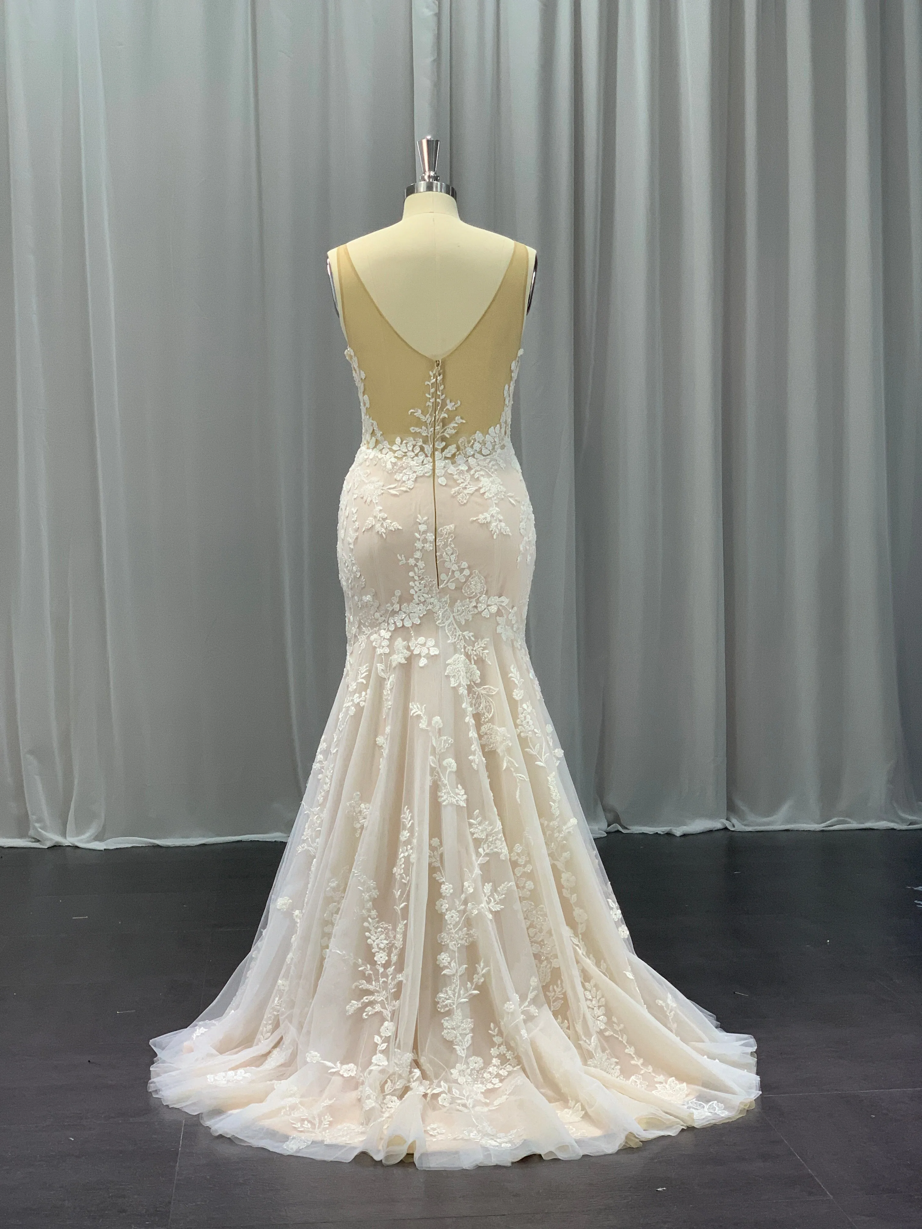 Sleeveless Floral Lace & Tulle Over Satin Fit & Flare Wedding Dress Delilah