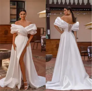 Soft Satin Off Shoulder Wedding Dress For Woman Pearl Side Split Mermaid Bridal Gowns Bride Dresses Vestidos Novias Boda