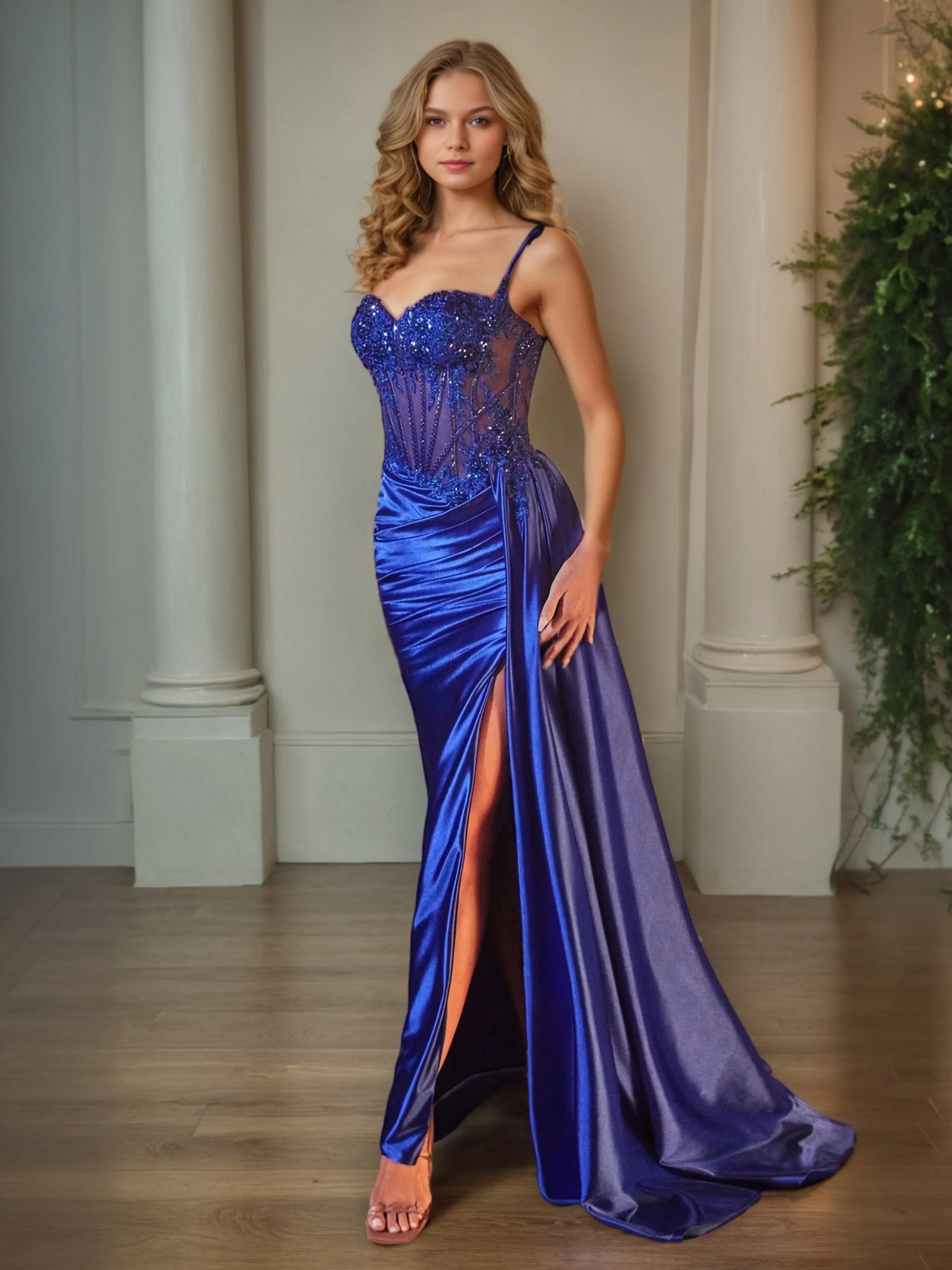 Spaghetti Straps Charming See-through Stretch Satin Long Party Dress