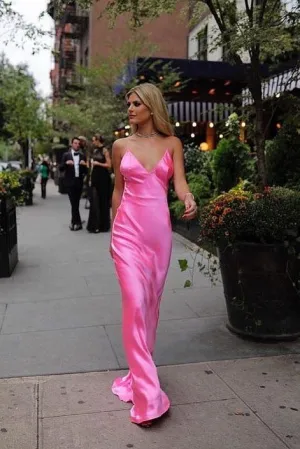 Spaghetti Straps Long Pink Prom Dresses with V-neckline