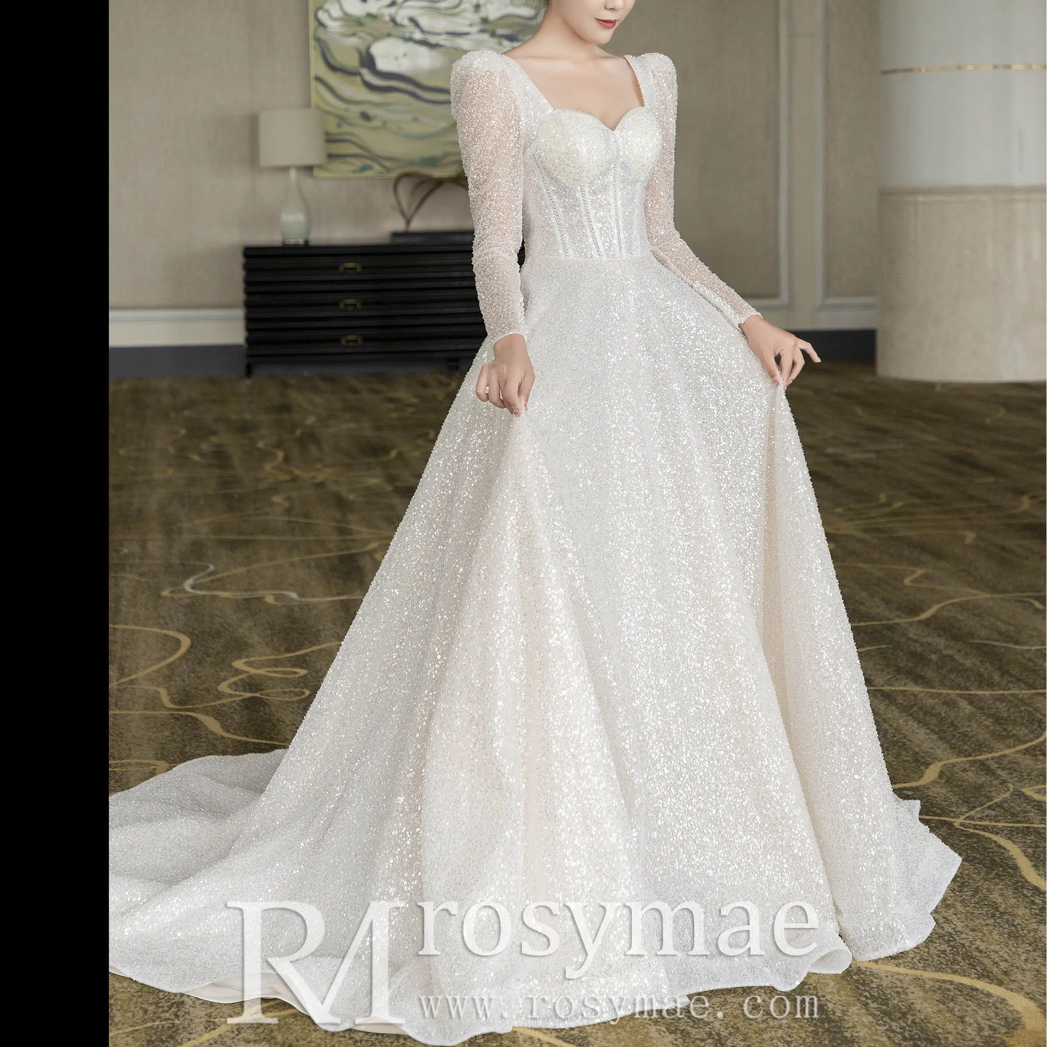 Sparkly A-line Open Back Wedding Dress with Long Sleeve
