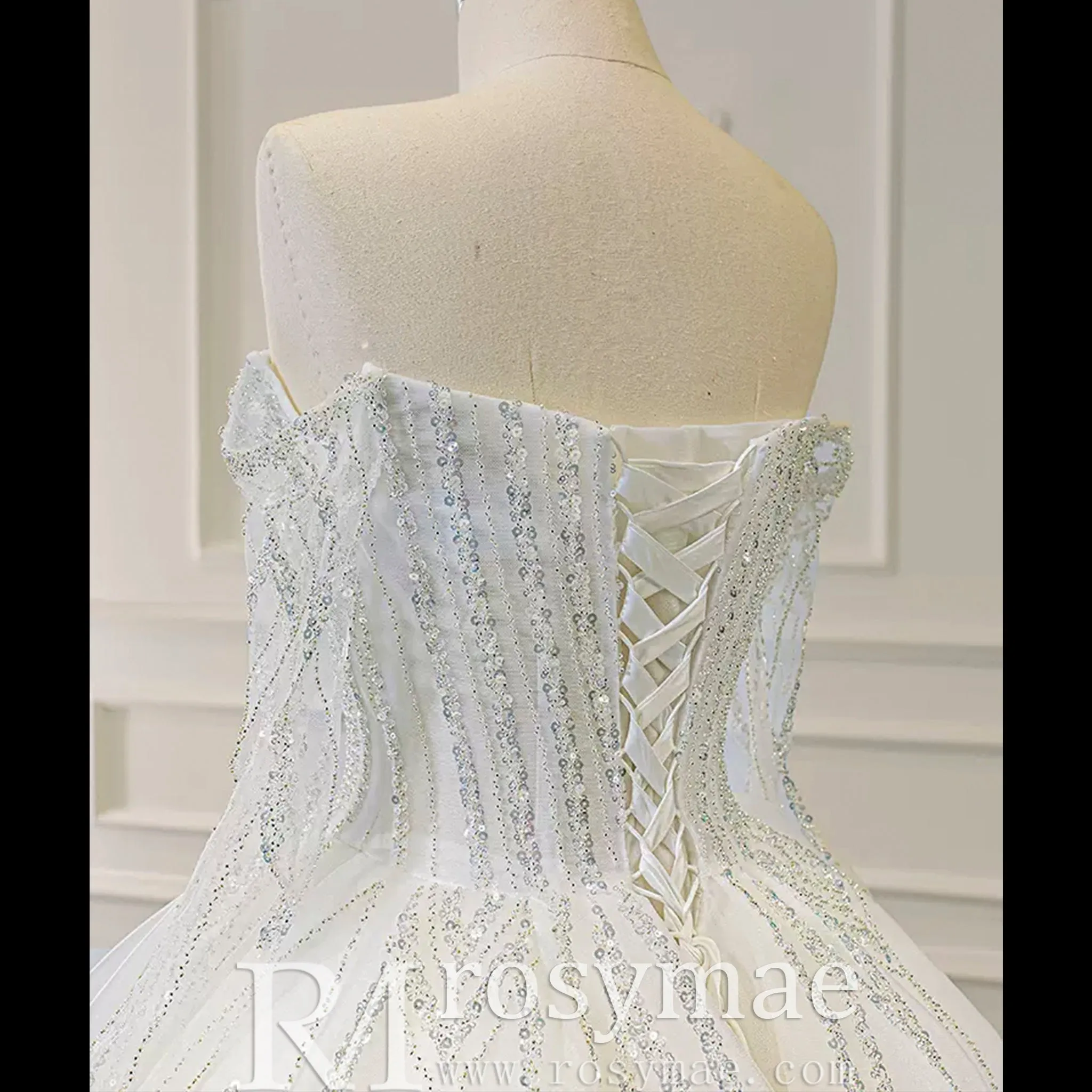 Sparkly Ball Gown Long Sleeve Wedding Dress with Off the Shoulder