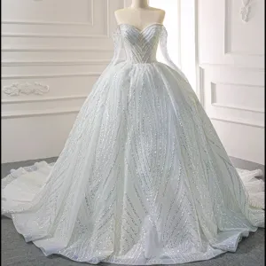 Sparkly Ball Gown Long Sleeve Wedding Dress with Off the Shoulder
