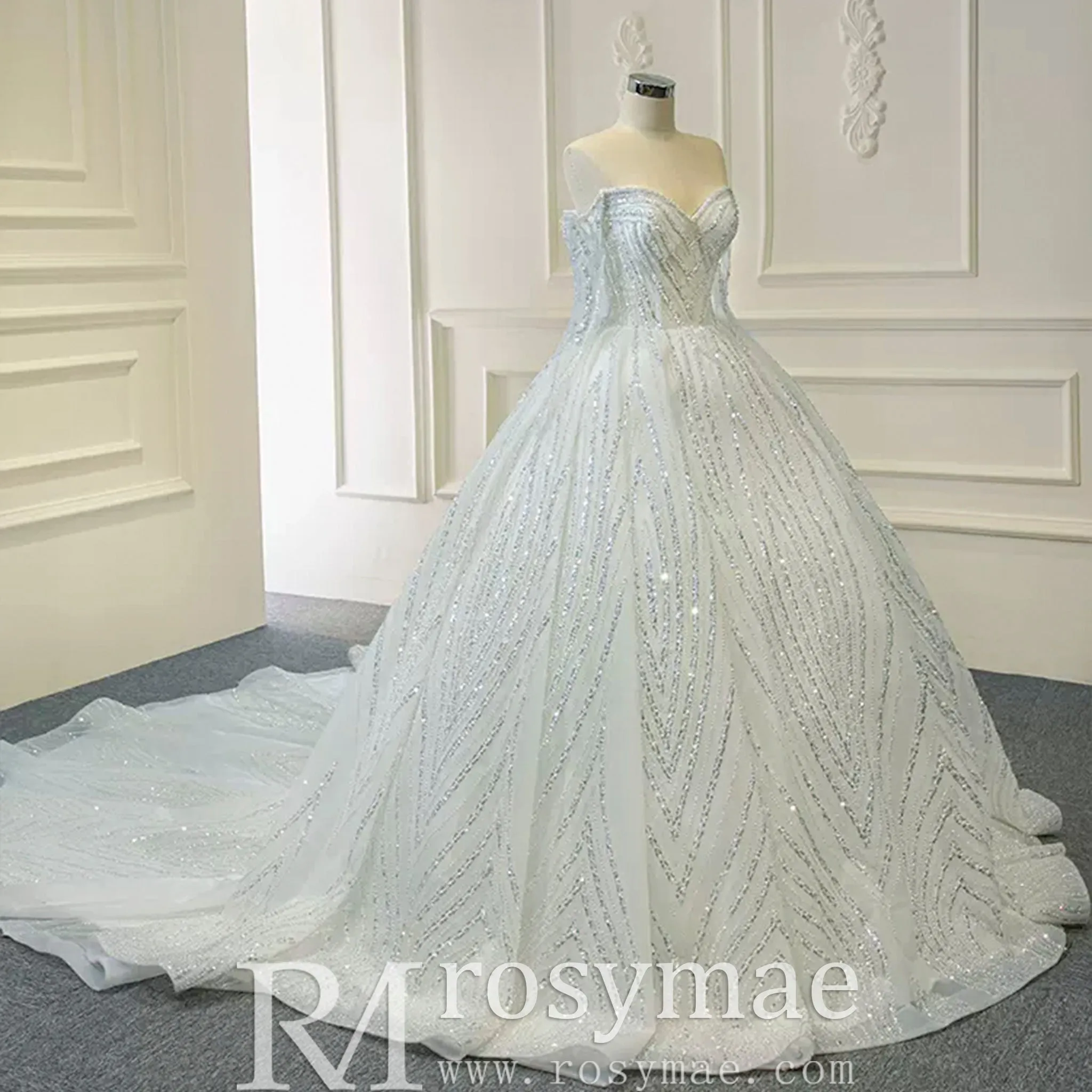 Sparkly Ball Gown Long Sleeve Wedding Dress with Off the Shoulder