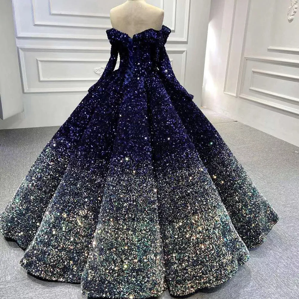 sparkly ball gown prom dresses gradient navy blue vintage luxury real photo prom gowns sweet 16 dresses