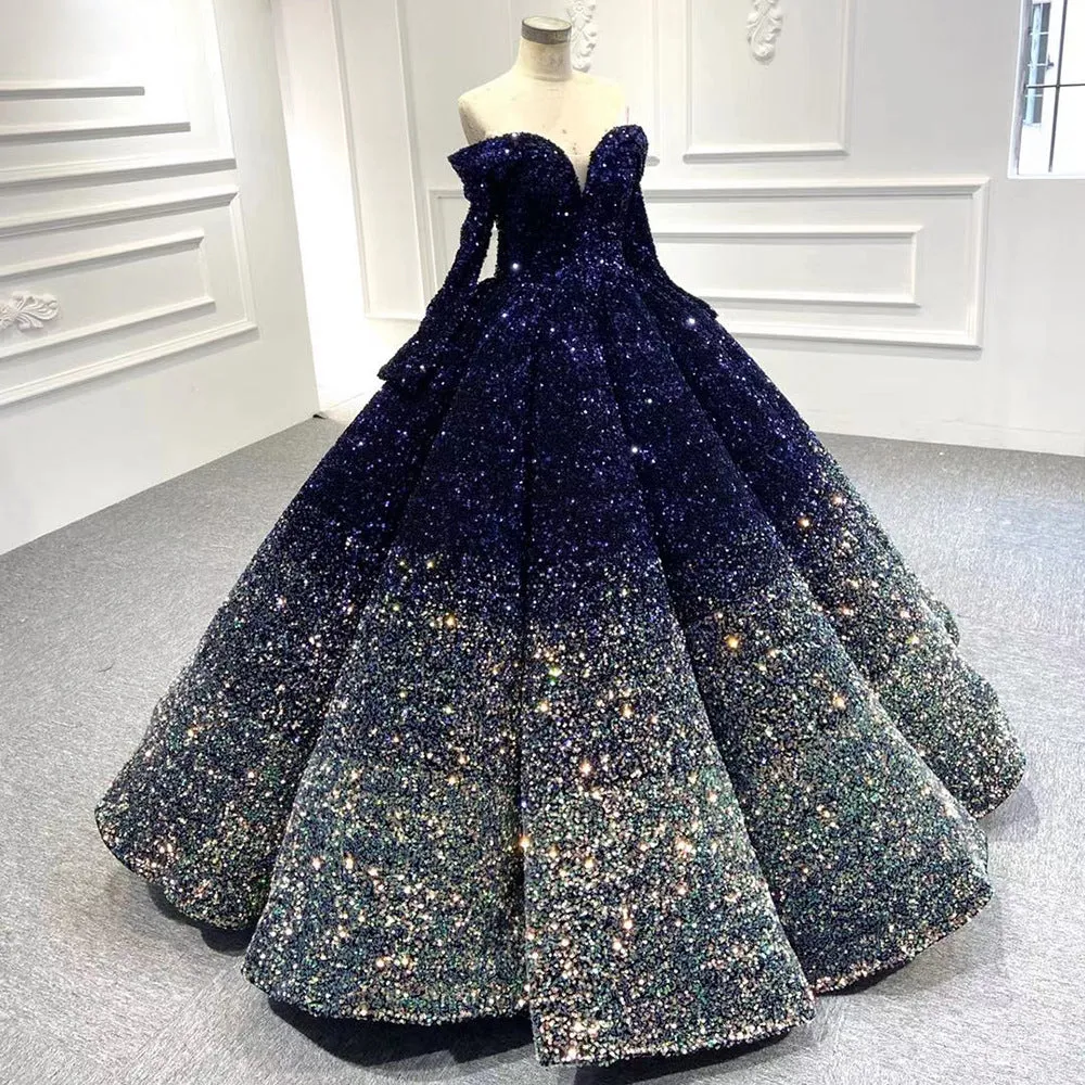sparkly ball gown prom dresses gradient navy blue vintage luxury real photo prom gowns sweet 16 dresses