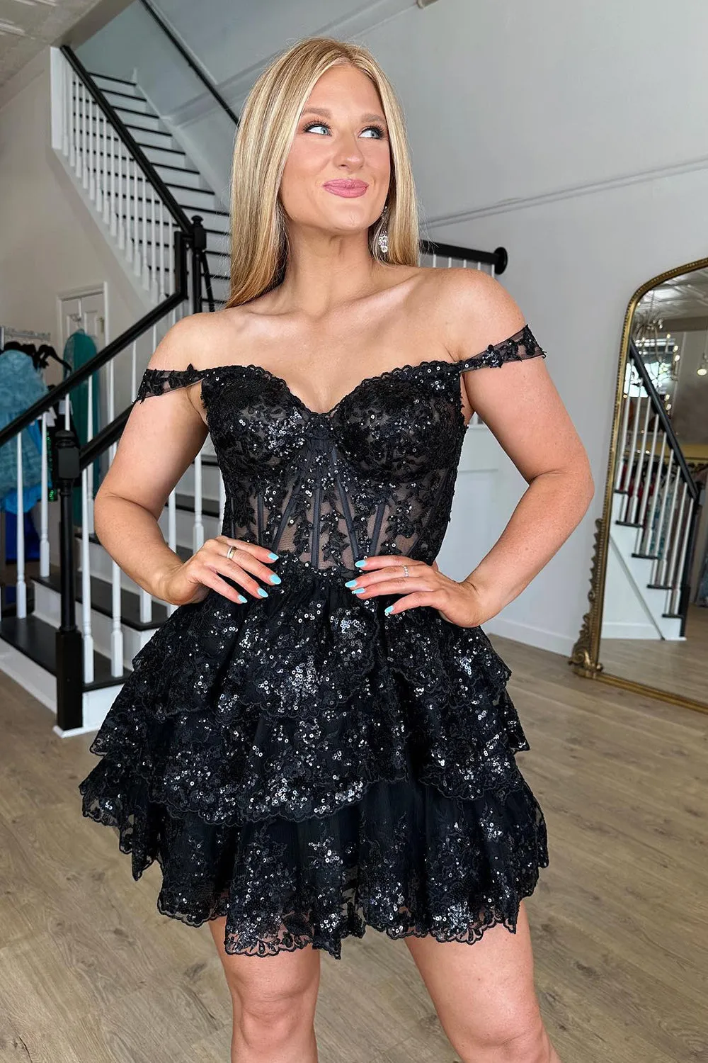 Sparkly Fuchsia Corset Tiered Lace A-Line Short Prom Dress