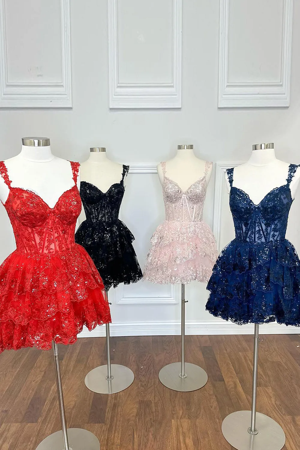 Sparkly Fuchsia Corset Tiered Lace A-Line Short Prom Dress