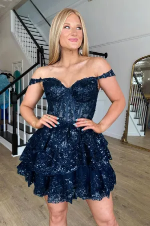 Sparkly Navy Corset Tiered Lace A-Line Short Prom Dress