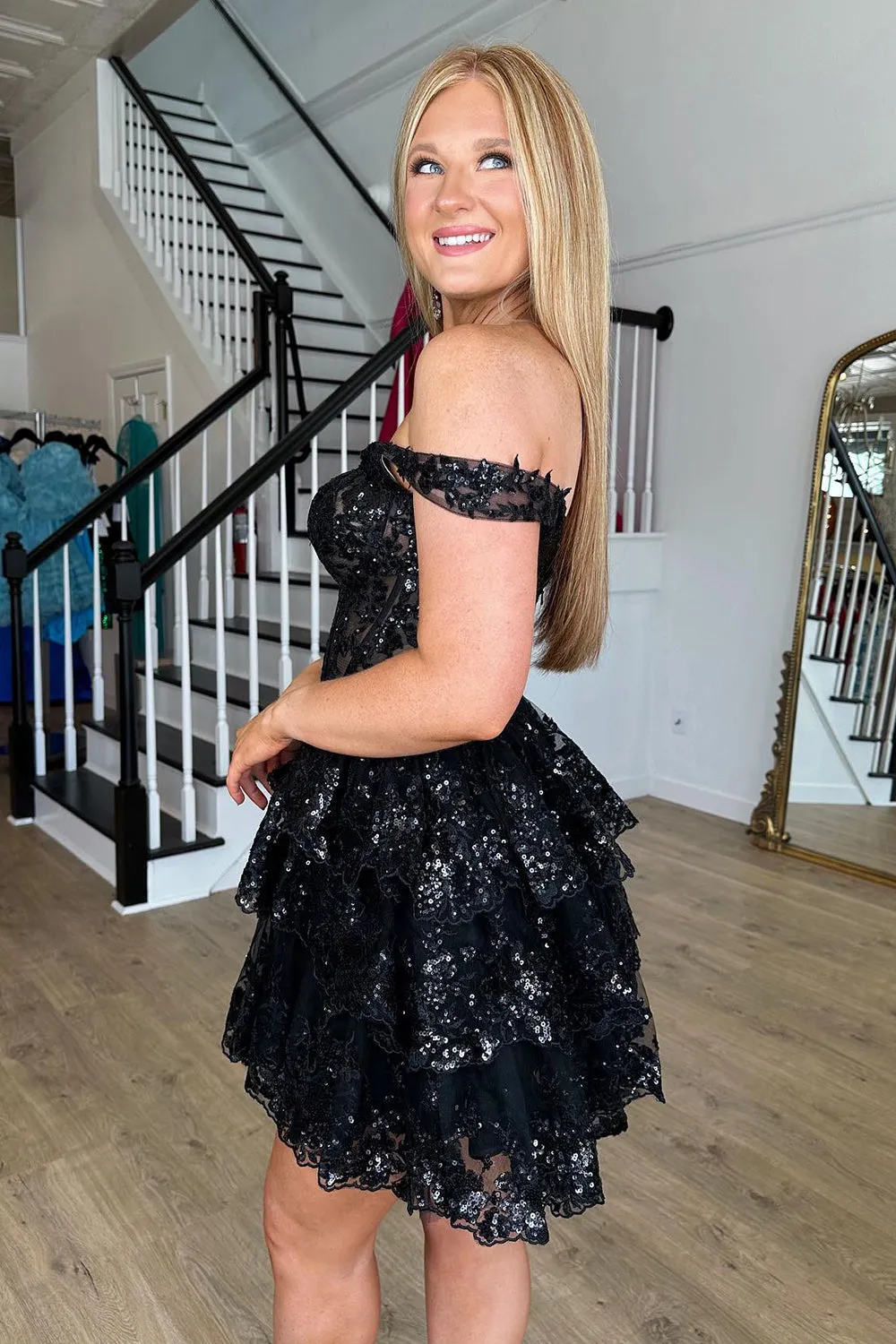 Sparkly Navy Corset Tiered Lace A-Line Short Prom Dress