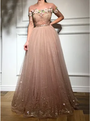 sparkly prom dresses long dusty pink floral elegant half sleeve a line prom gowns robe de soiree