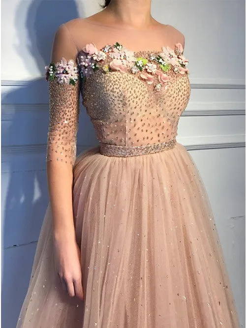sparkly prom dresses long dusty pink floral elegant half sleeve a line prom gowns robe de soiree