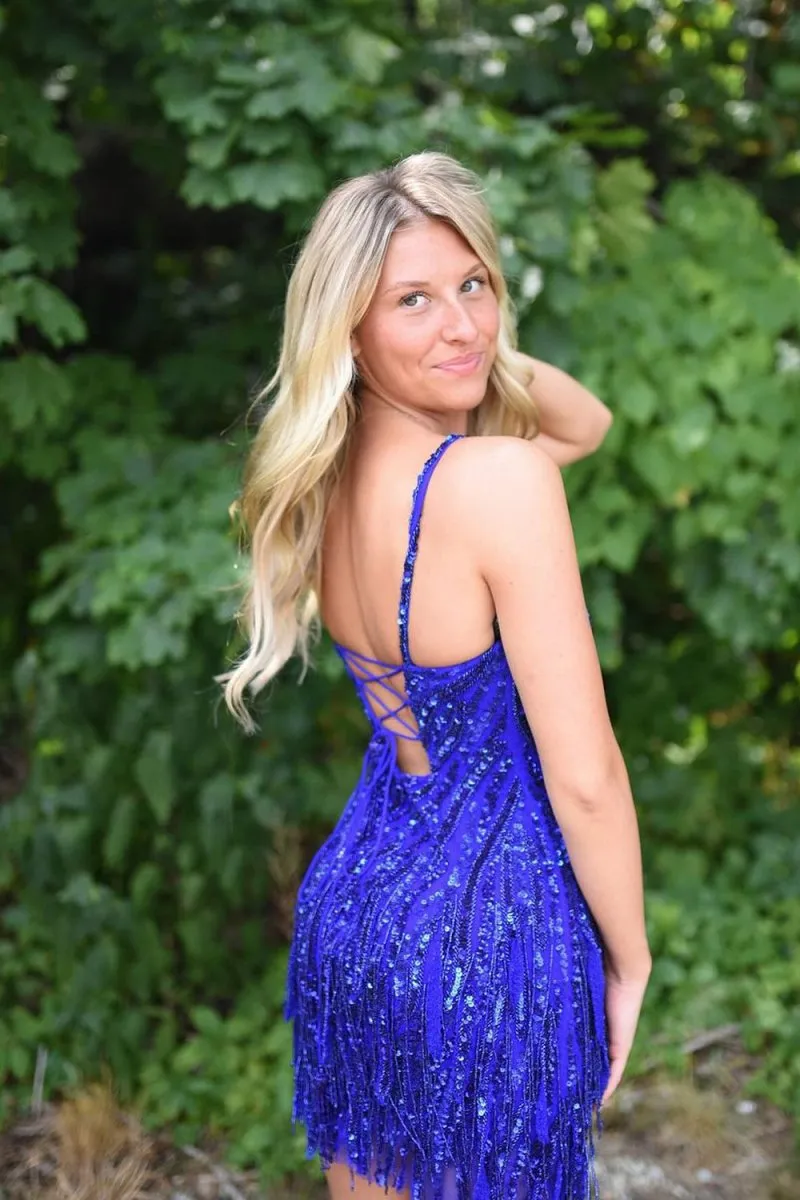 Sparkly Sheath Spaghetti Straps Gold Short Homecoming Dresses with Tassel