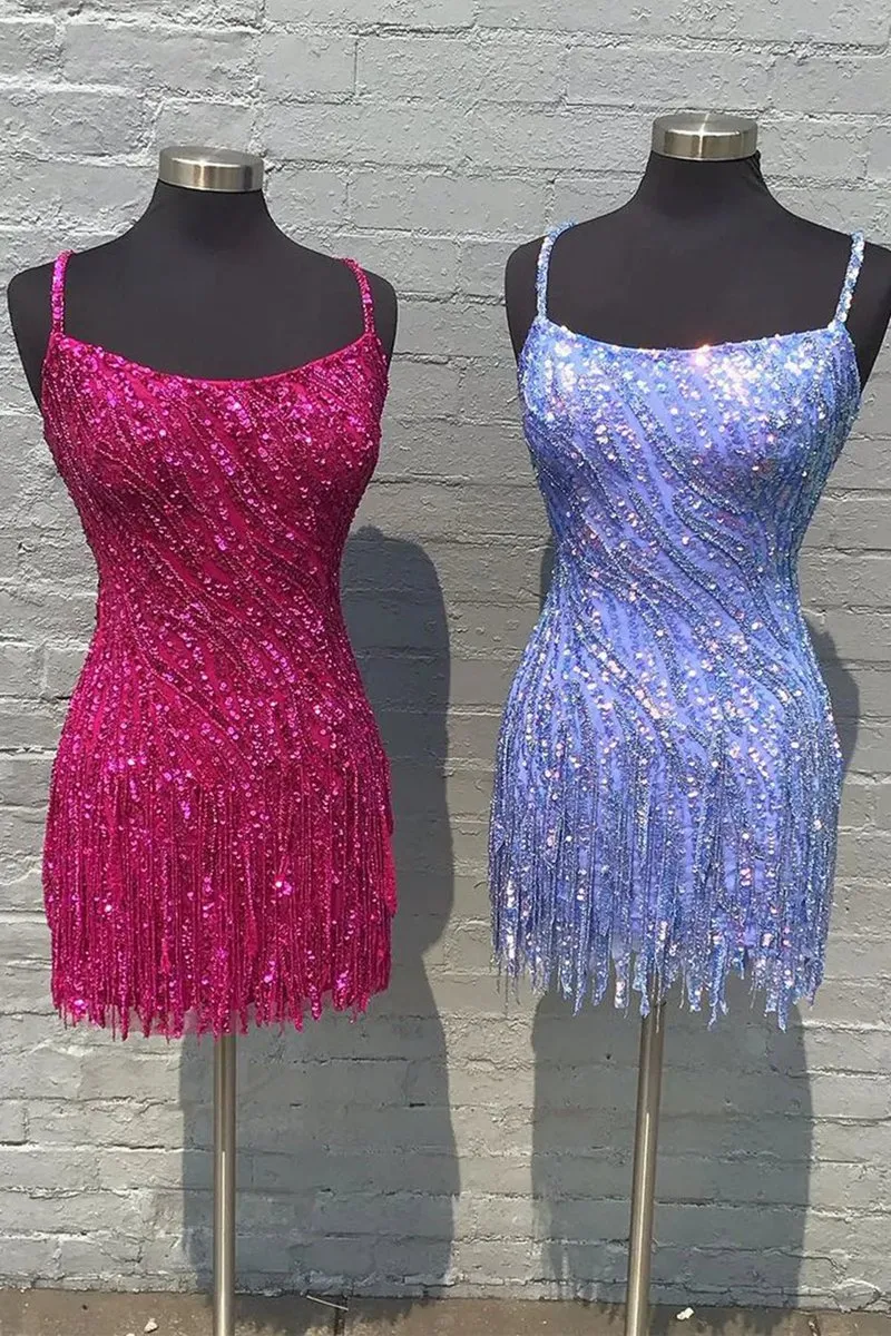 Sparkly Sheath Spaghetti Straps Gold Short Homecoming Dresses with Tassel