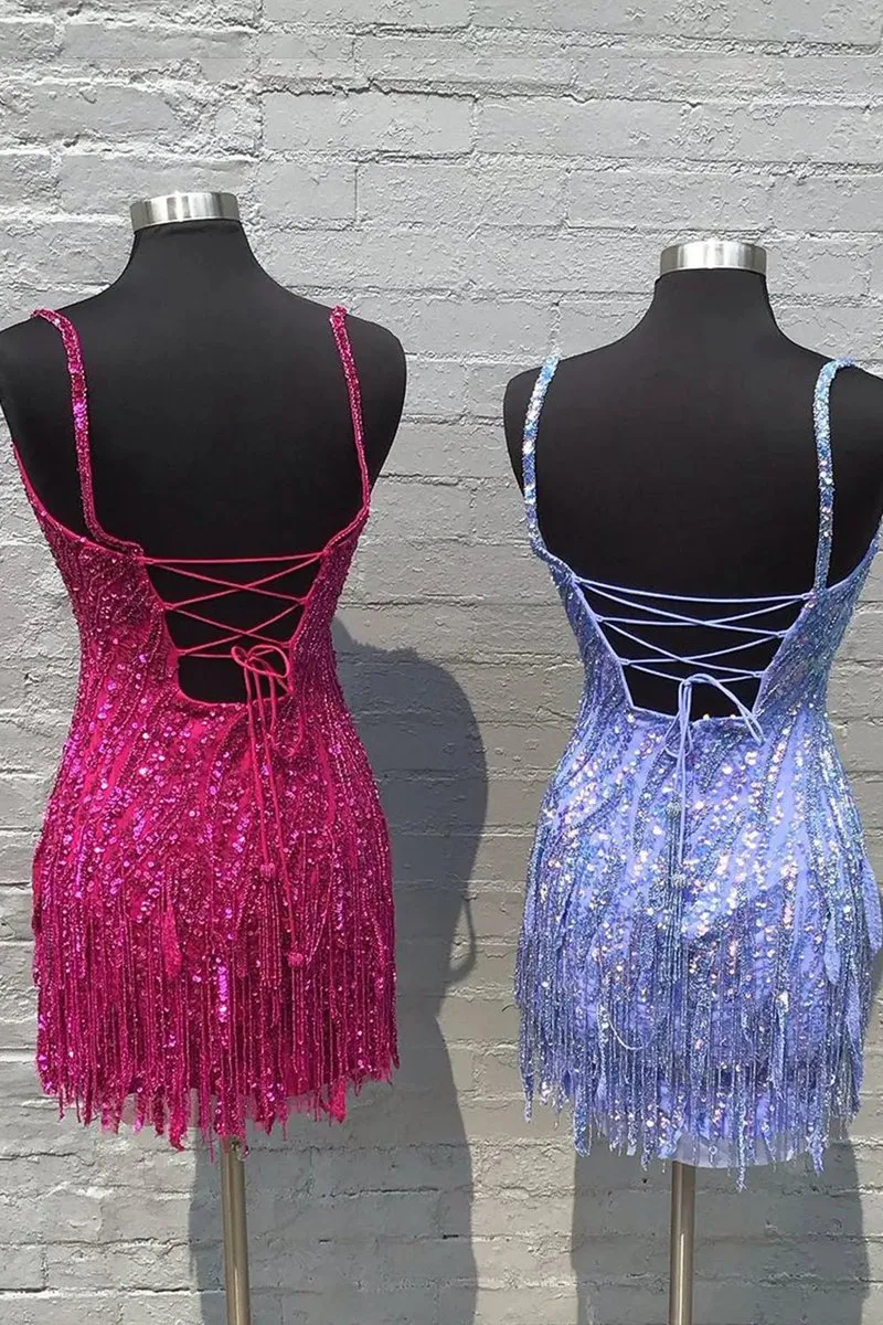 Sparkly Sheath Spaghetti Straps Gold Short Homecoming Dresses with Tassel