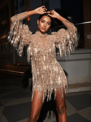 Sparrow Sequin Fringe Mini Dress In Champagne