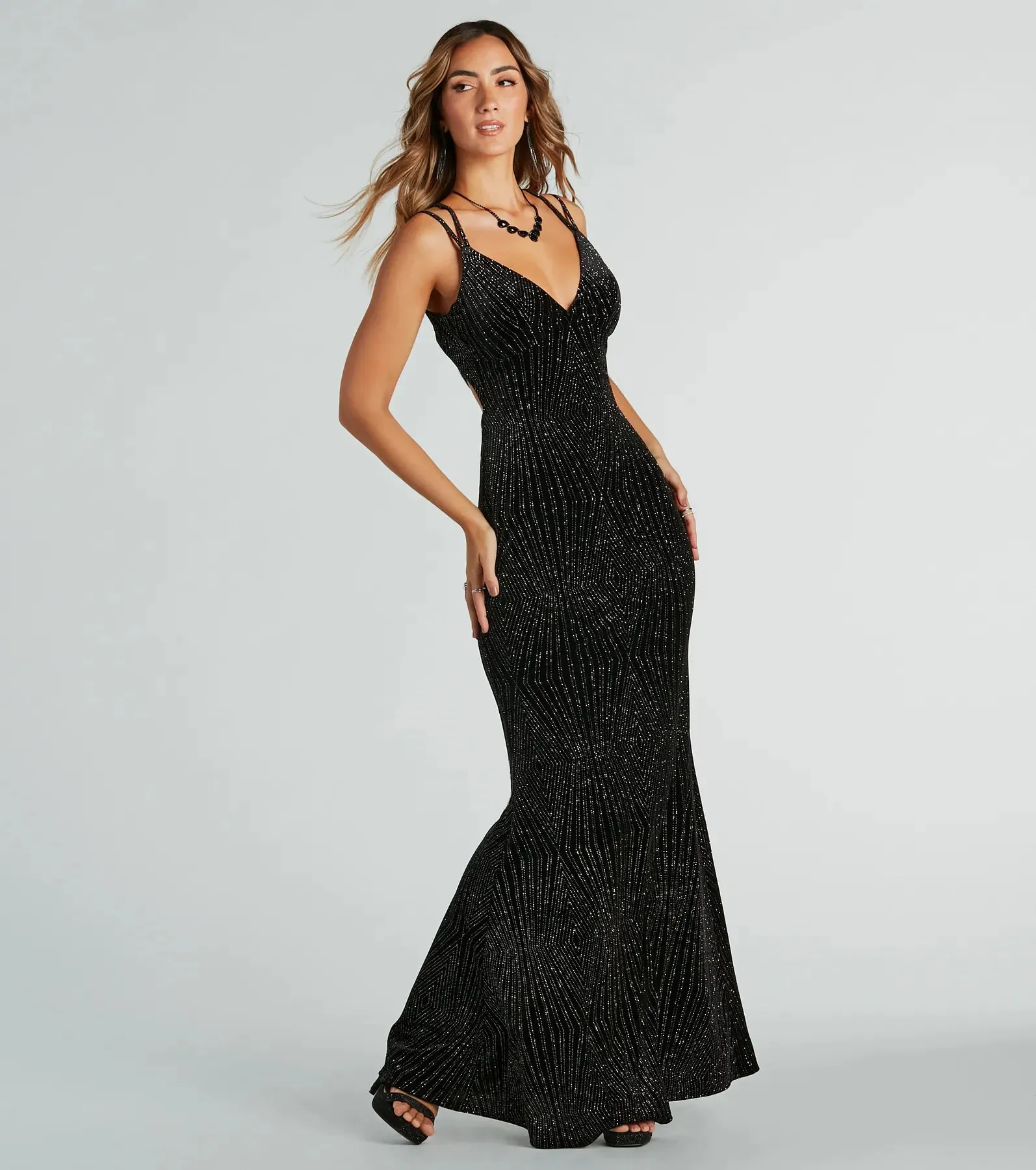 Spencer Formal Glitter Velvet Lace-Up Long Dress