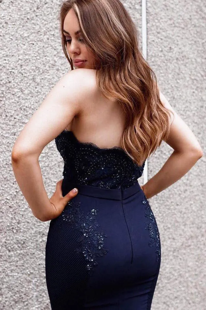 Strapless Mermaid Appliques Navy Blue Long Prom Dress