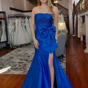 Strapless Mermaid Big Bow Satin Pleated Formal Prom Dresses with Slit