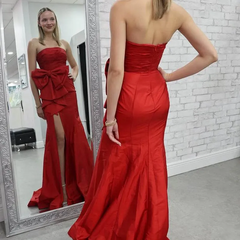 Strapless Mermaid Big Bow Satin Pleated Formal Prom Dresses with Slit