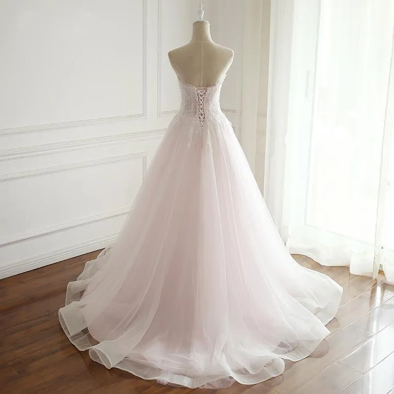Strapless Pale Pink Long Custom Cheap Custom Wedding Dresses, WDY0177