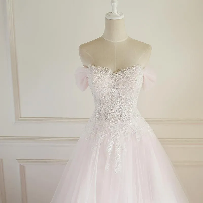 Strapless Pale Pink Long Custom Cheap Custom Wedding Dresses, WDY0177