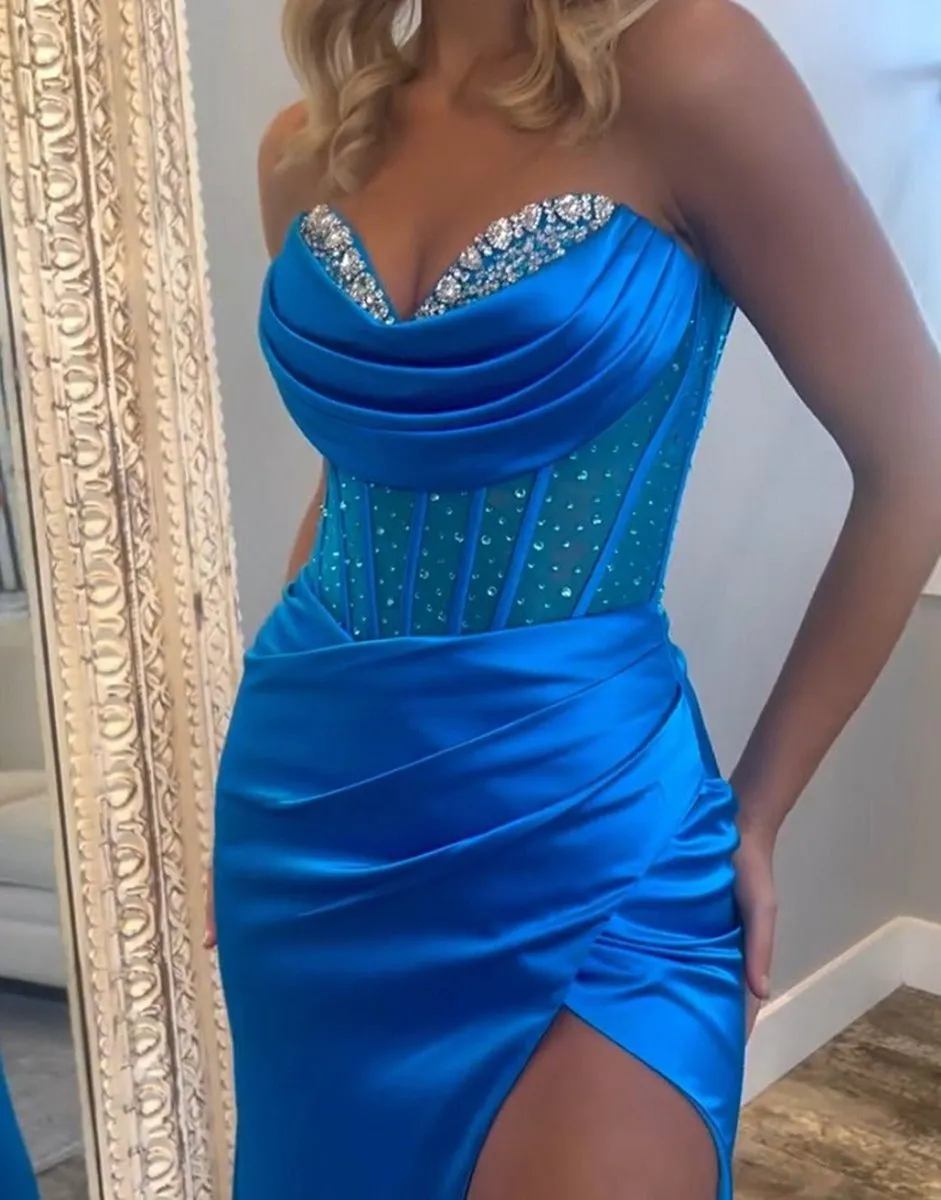 Strapless Satin Mermaid Prom Dresses with Beading