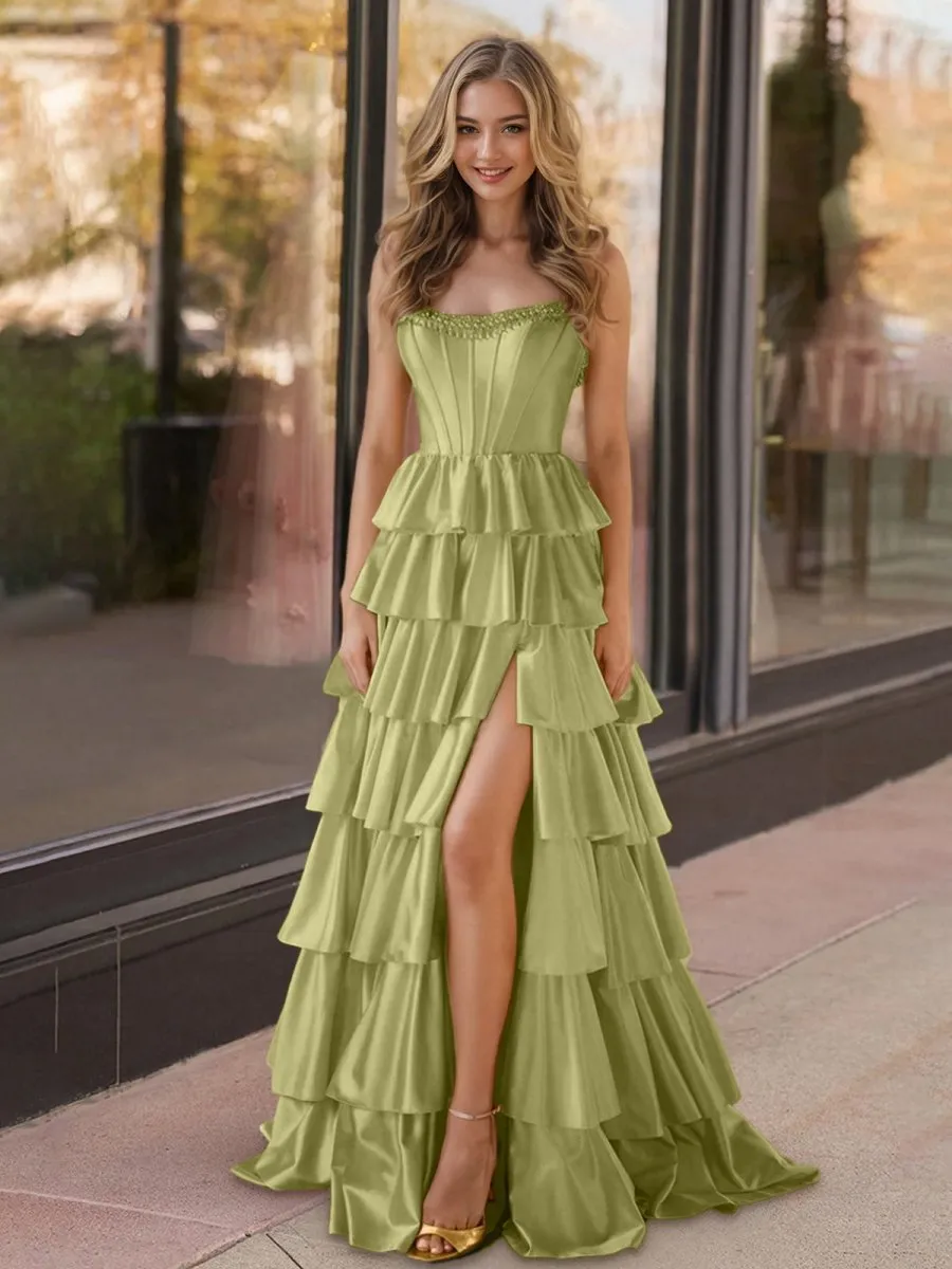 Strapless Satin Ruffle Tie Beaded A-line Prom Dresses