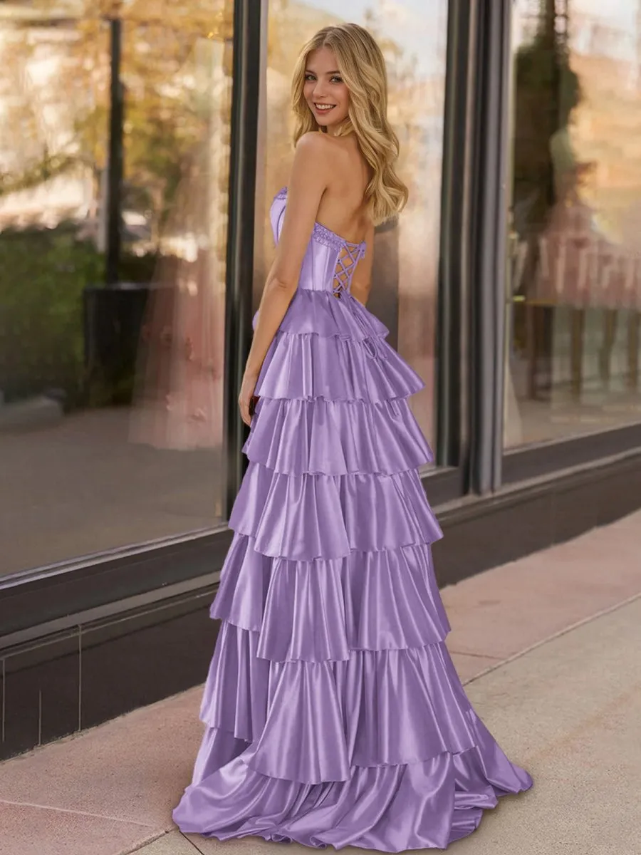 Strapless Satin Ruffle Tie Beaded A-line Prom Dresses