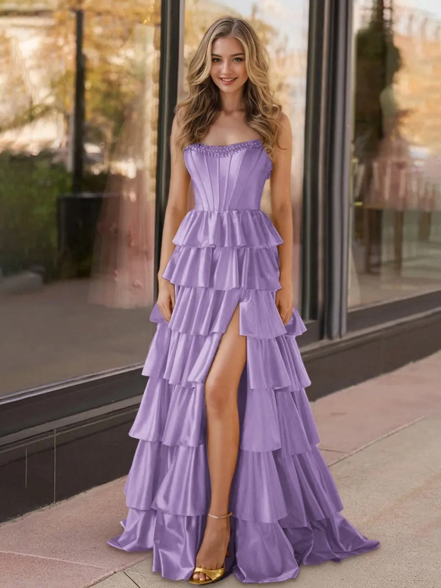 Strapless Satin Ruffle Tie Beaded A-line Prom Dresses