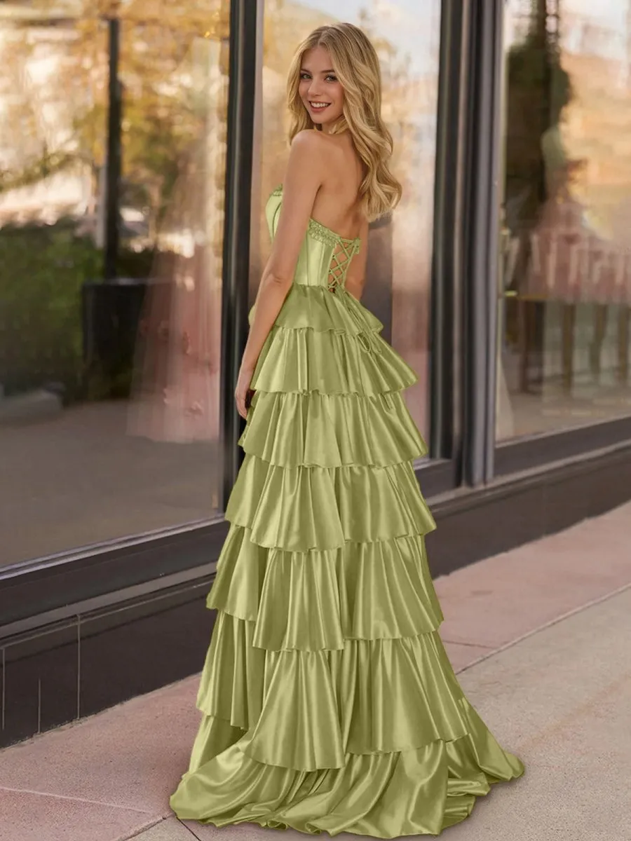 Strapless Satin Ruffle Tie Beaded A-line Prom Dresses