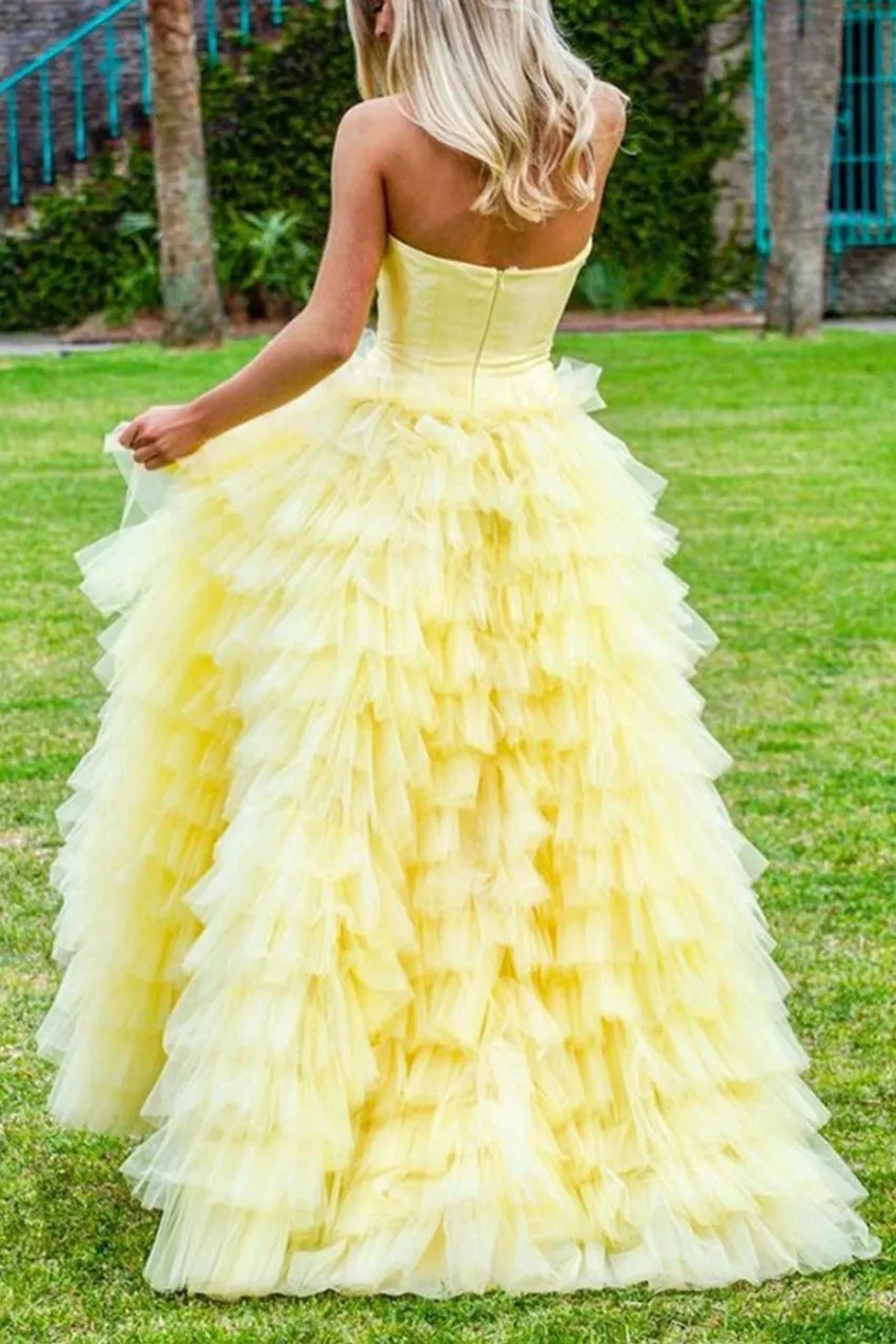 Strapless Satin Yellow Prom Ball Gown Dress with Tulle Tiered Skirt