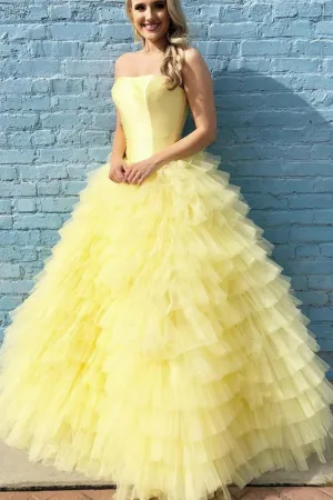 Strapless Satin Yellow Prom Ball Gown Dress with Tulle Tiered Skirt