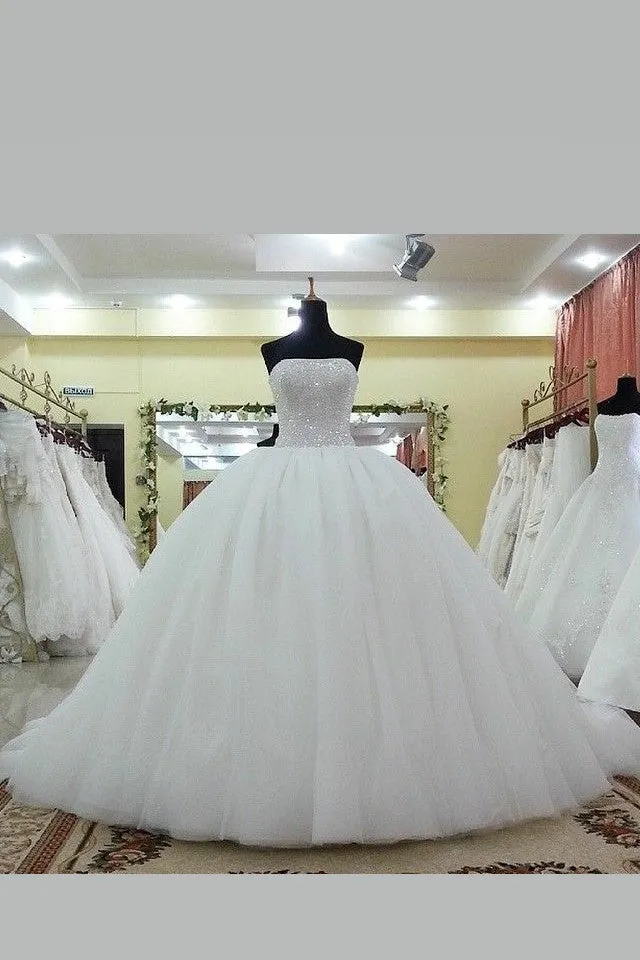 Strapless Sequin Crystals Ball Gown Bridal Dress Tulle Skirt