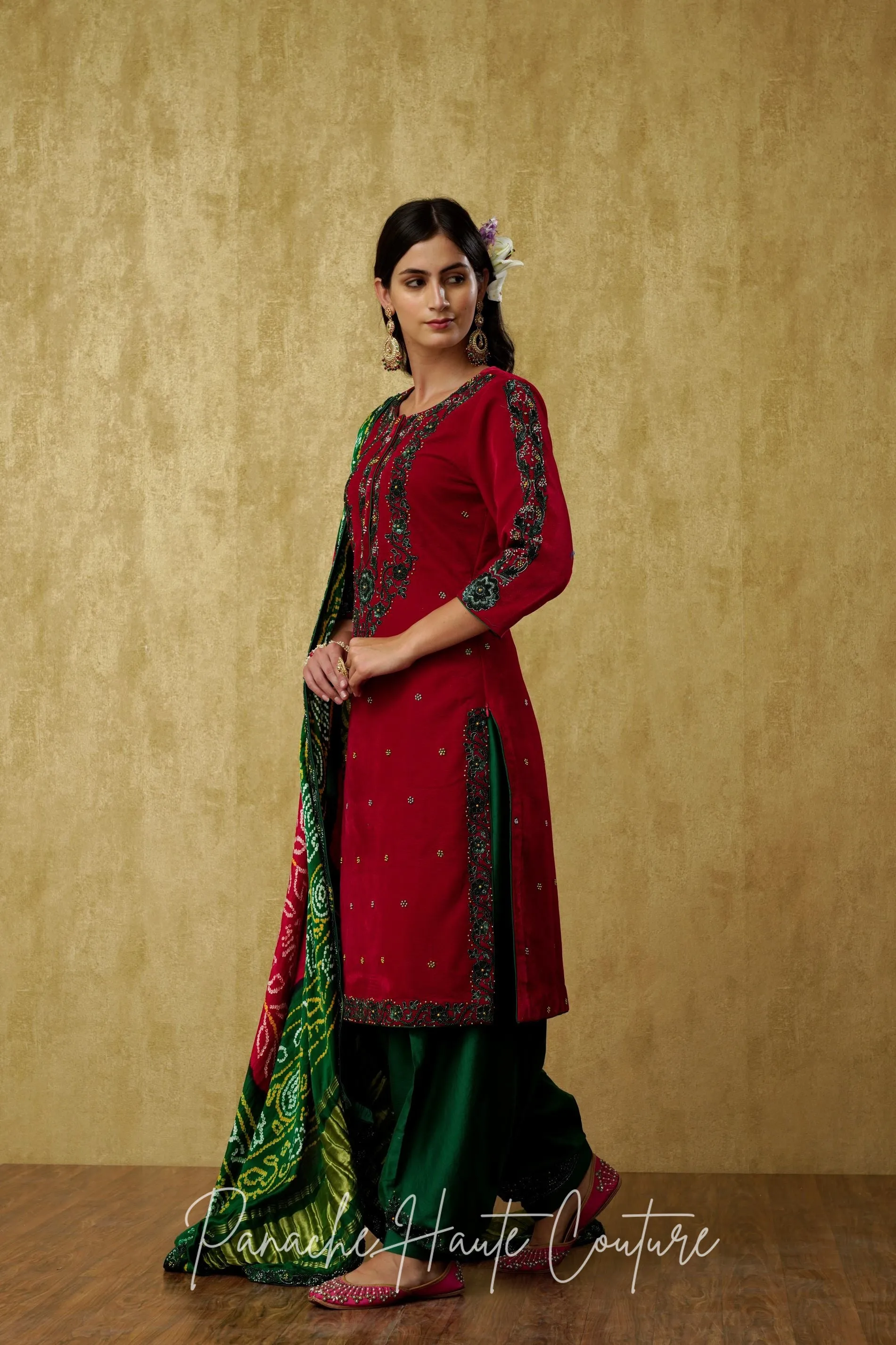 Stunning Dark Emerald Green and Red Punjabi Suit