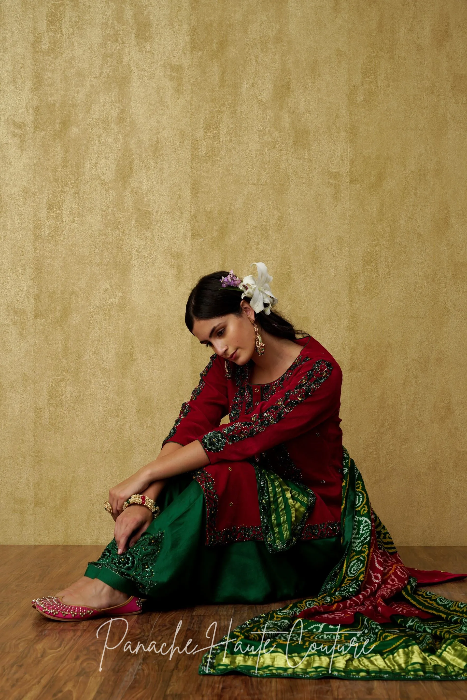 Stunning Dark Emerald Green and Red Punjabi Suit