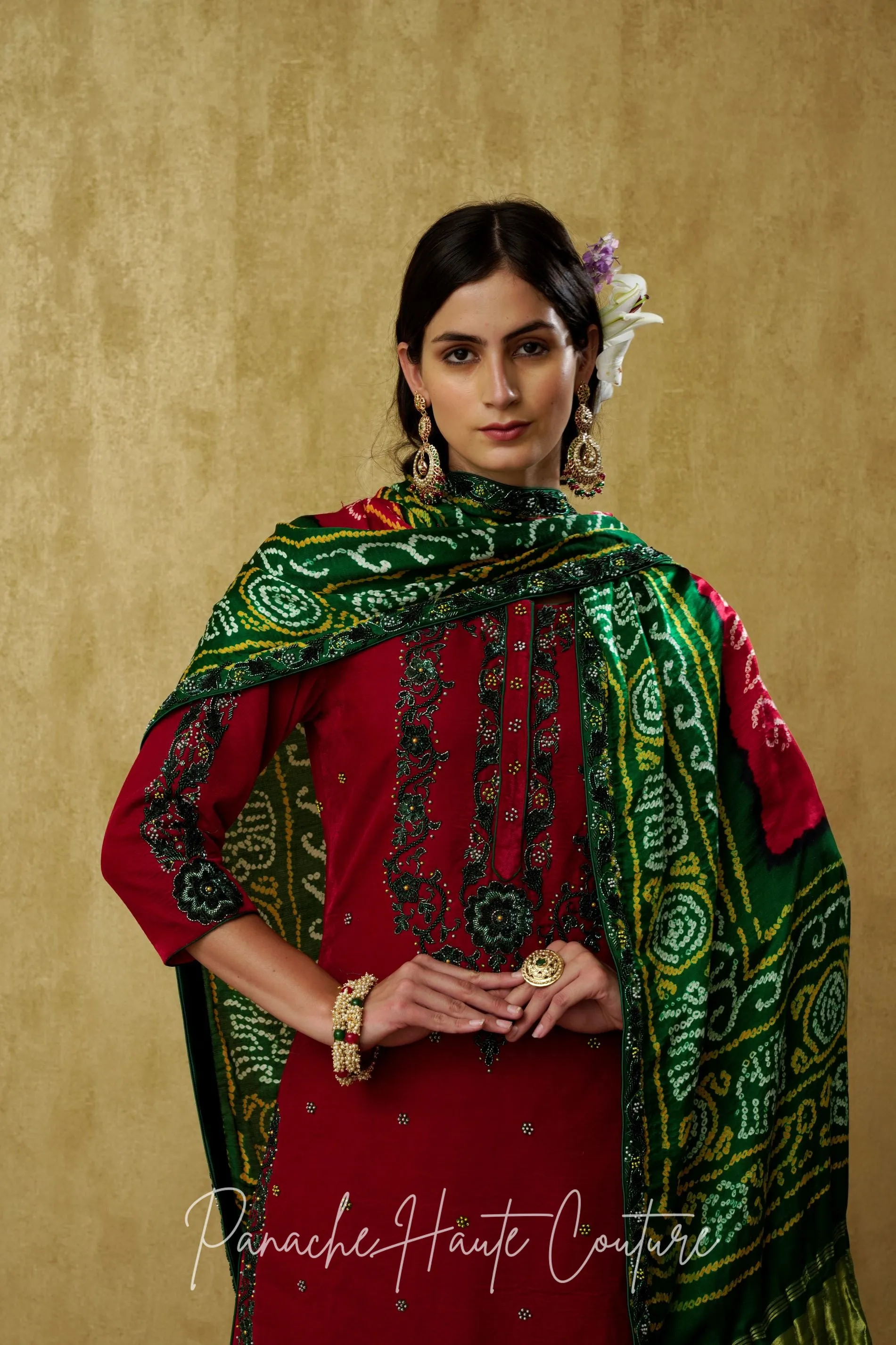 Stunning Dark Emerald Green and Red Punjabi Suit