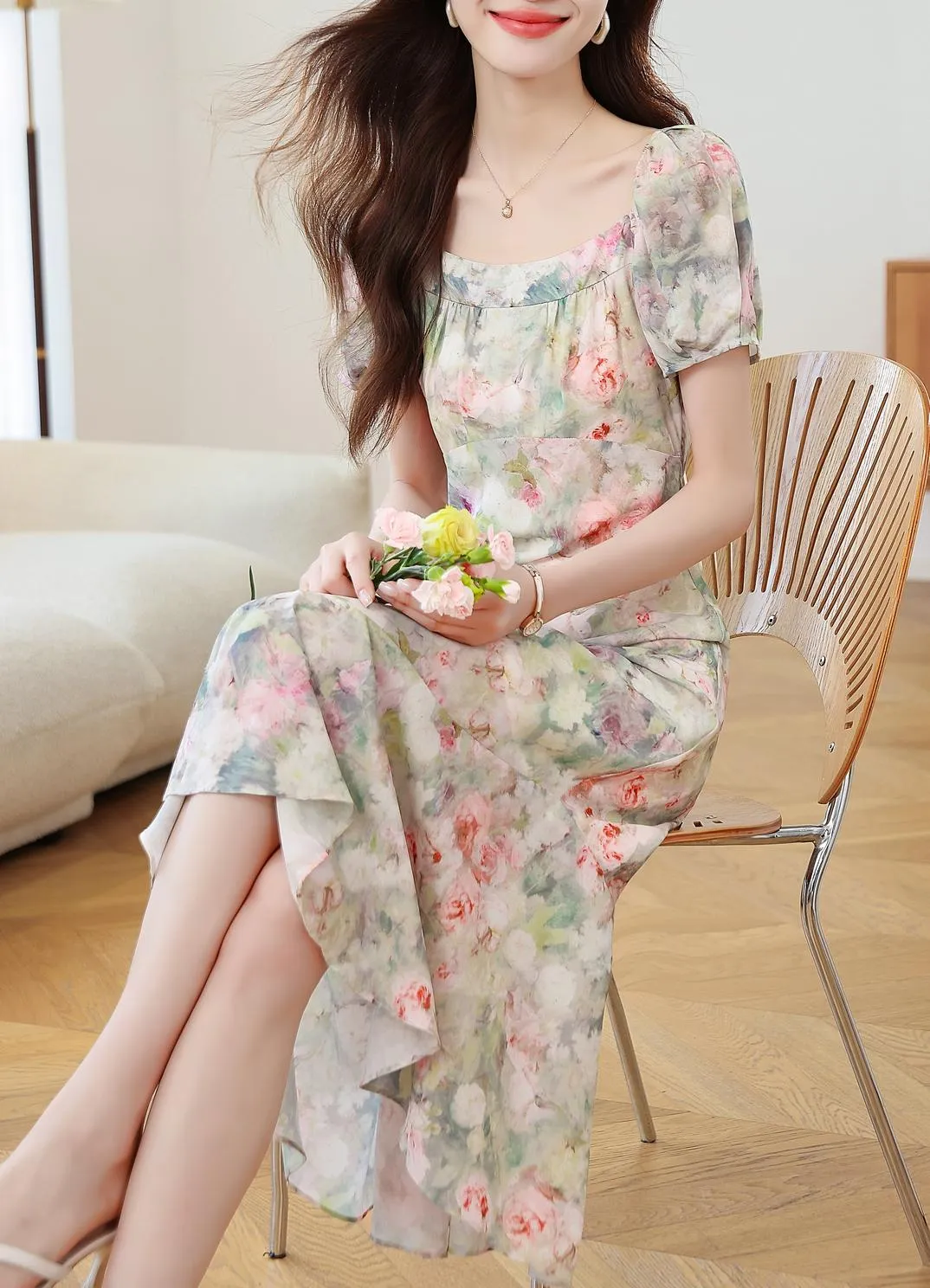 Stunning Women's Dress with Full Floral Print and Mermaid Hem
