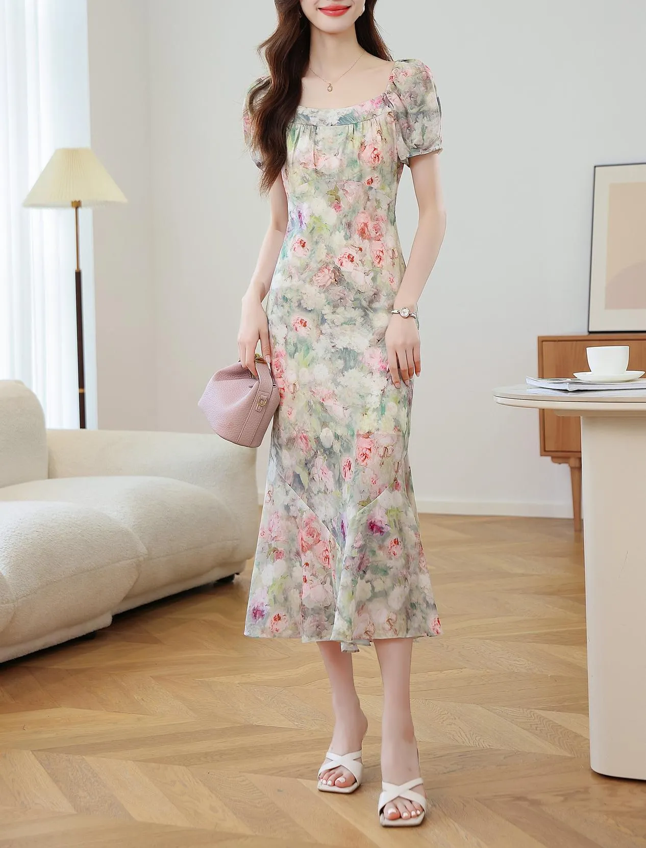 Stunning Women's Dress with Full Floral Print and Mermaid Hem