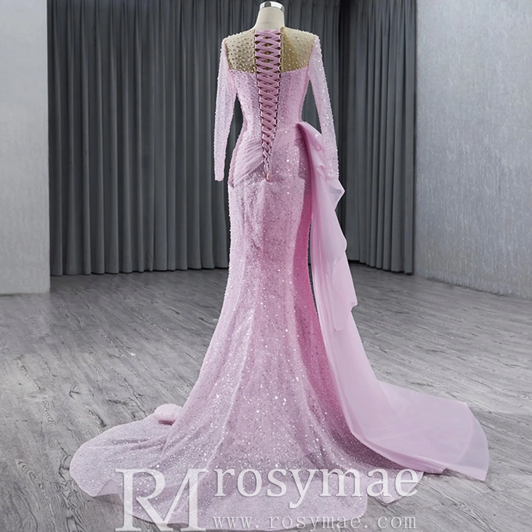 Stylish Beaded Long Sleeve Pink Pageant Gown Mermaid Wedding Dress