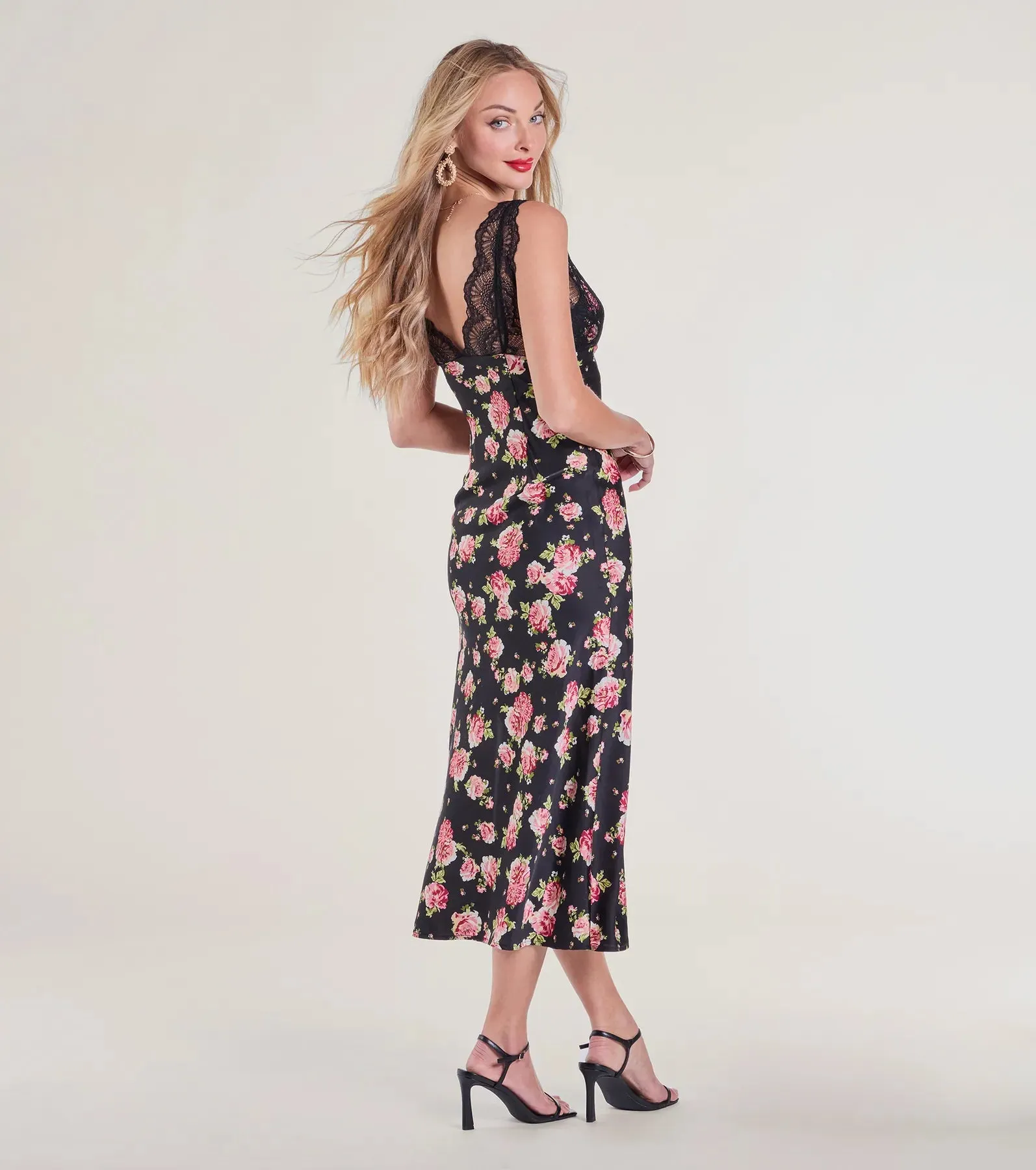 Sunset Dinner Lace V-Neck Floral Satin Midi Dress