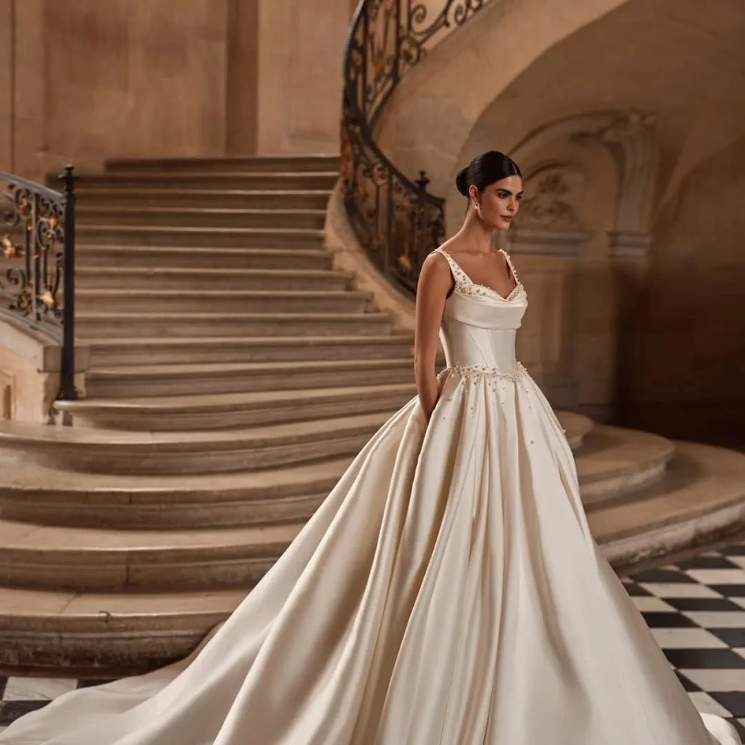 Sweetheart Off-Shoulder Ball Gown Wedding Dress – Pearl Detail, Court Train, Princess Silhouette
