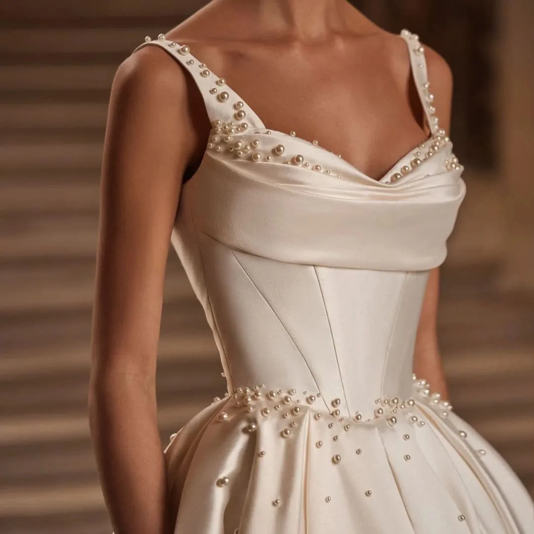 Sweetheart Off-Shoulder Ball Gown Wedding Dress – Pearl Detail, Court Train, Princess Silhouette