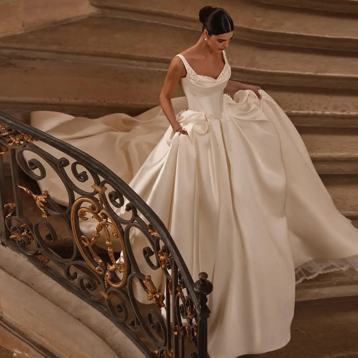 Sweetheart Off-Shoulder Ball Gown Wedding Dress – Pearl Detail, Court Train, Princess Silhouette