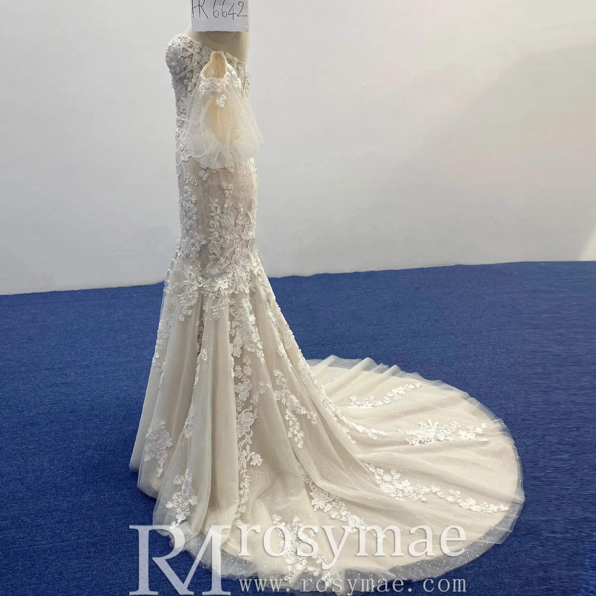 Sweetheart Tulle Lace Champagne Mermaid Wedding Dress