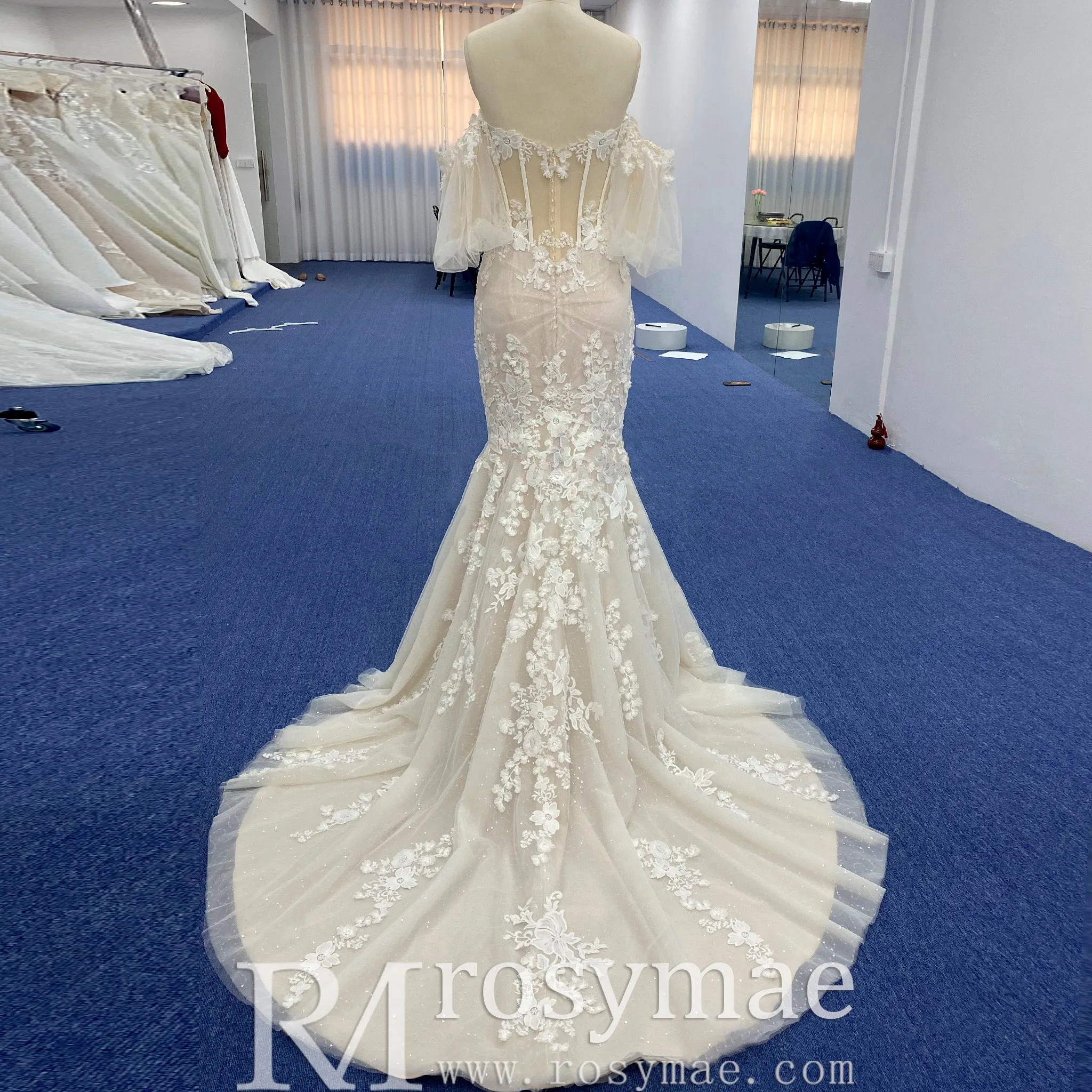 Sweetheart Tulle Lace Champagne Mermaid Wedding Dress