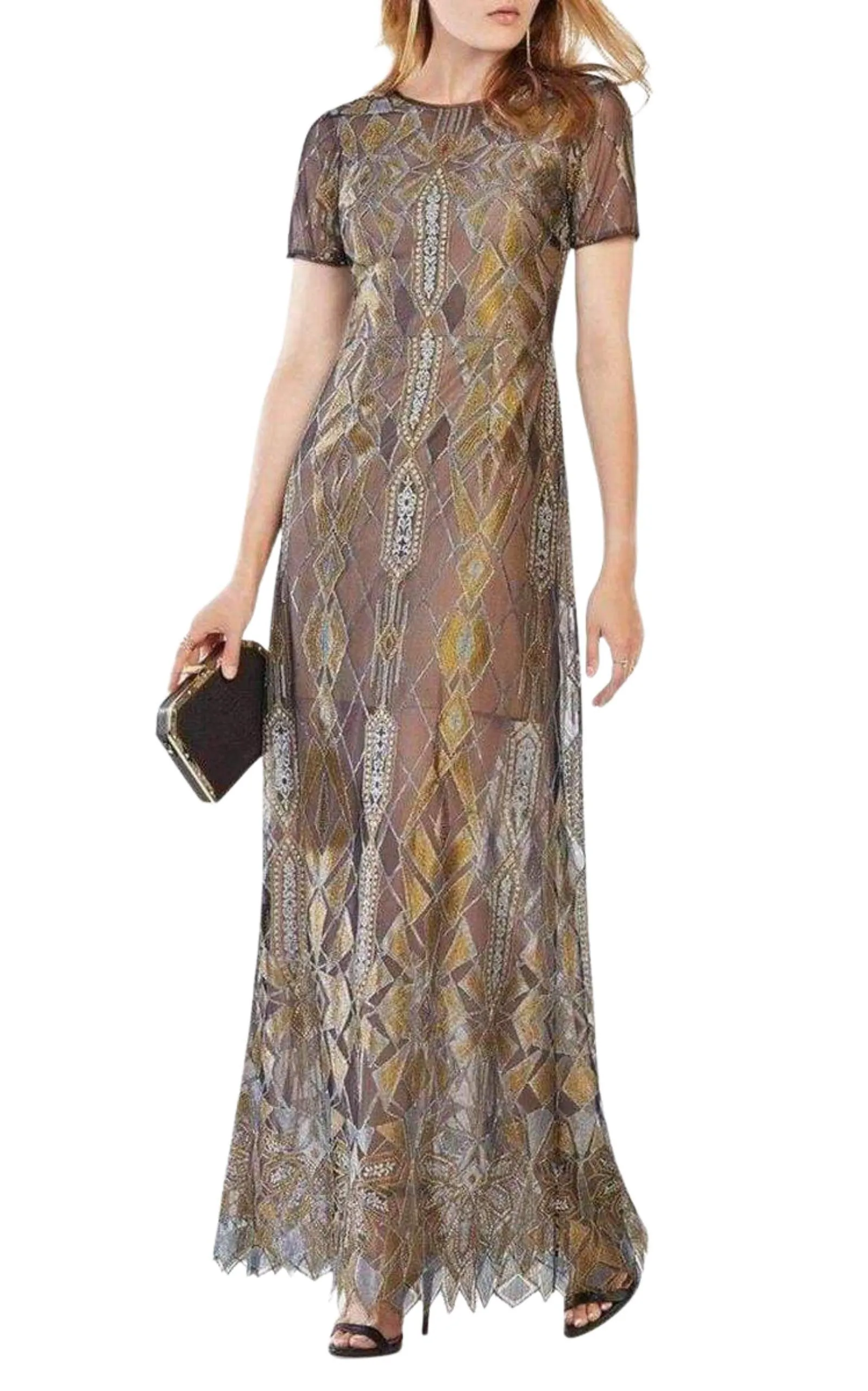 Taliah Metallic Geometric Lace Gown