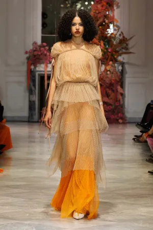 Tangerine And Almond Lattice Point D’Esprit Bohemian Gown