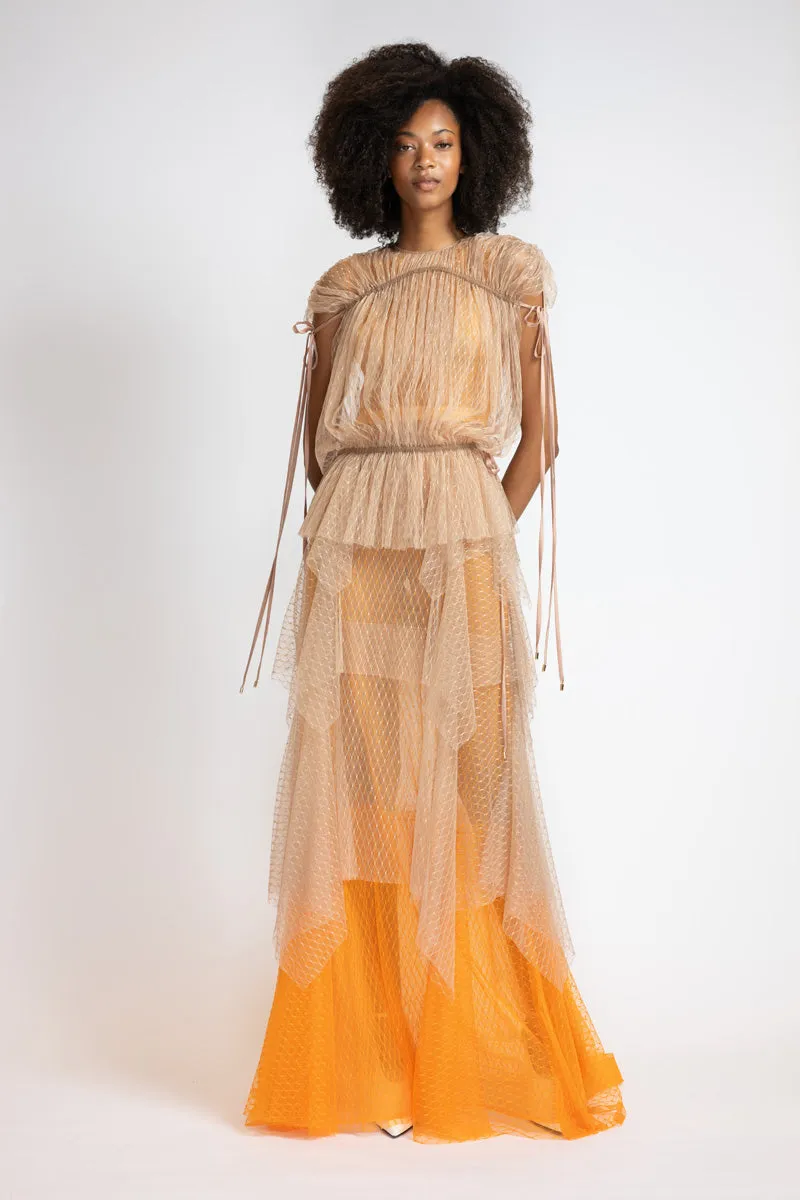 Tangerine And Almond Lattice Point D’Esprit Bohemian Gown