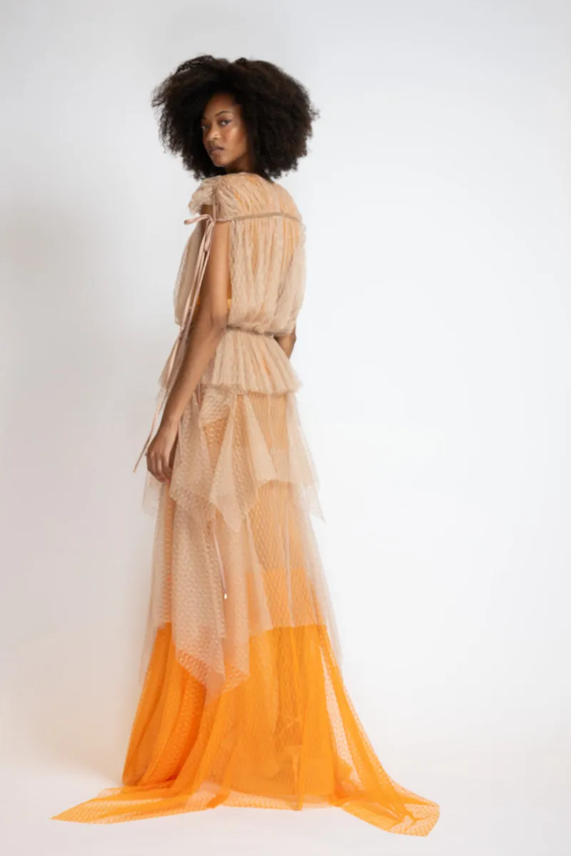 Tangerine And Almond Lattice Point D’Esprit Bohemian Gown
